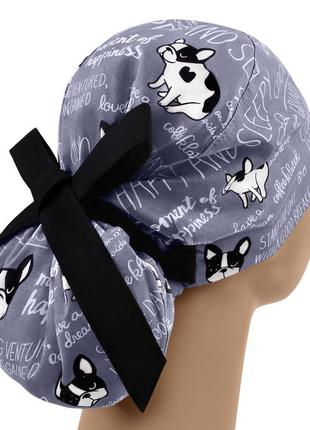 Медицинская шапочка шапка женская тканевая хлопковая многоразовая принт французкий бульдог