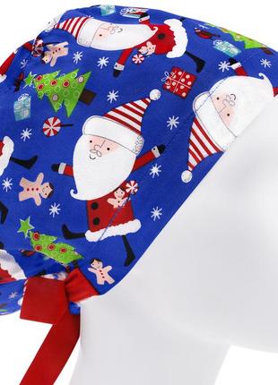 Медицинская шапочка шапка женская тканевая хлопковая многоразовая принт весёлый санта