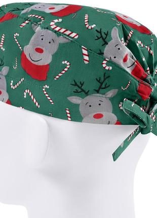 Медична шапочка чоловіча тканинна бавовняна багаторазова принт олені новорічні2 фото