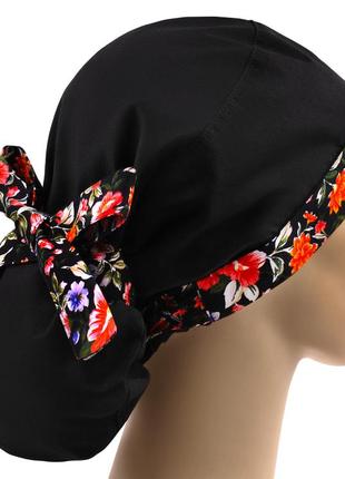 Медицинская шапочка шапка женская тканевая хлопковая многоразовая принт черный цветочный