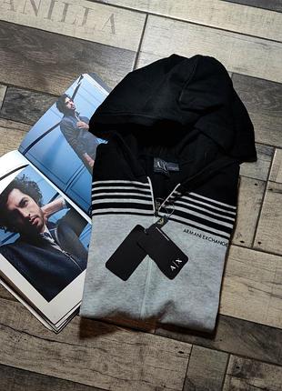 Чоловіча брендова бавовняна кофта з капюшоном armani jeans оригінал у сірому кольорі в смужку розмір м