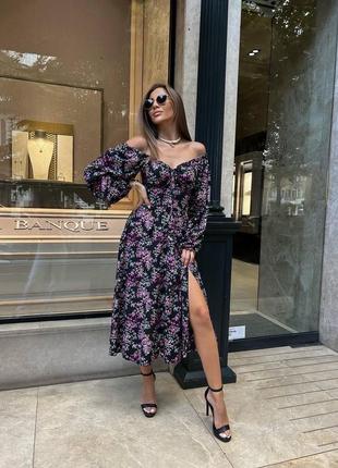 Платье миди с разрезом с пышной юбкой расклешенное в цветочек черное сиреневое жёлтое зеленое голубое вечернее на выход с рукавами фонариками