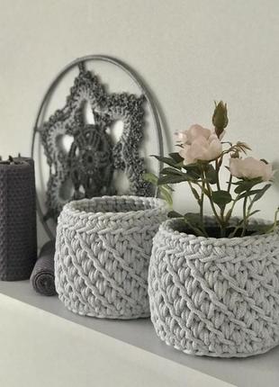 Декоративна інтер'єрна корзина кругла для зберігання, ручна робота, колір світло-сірий