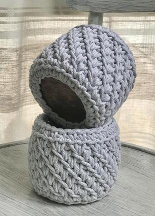 Декоративна інтер'єрна корзина кругла для зберігання, ручна робота, колір світло-сірий