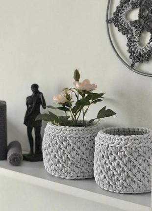Декоративна інтер'єрна корзина кругла для зберігання, ручна робота, колір світло-сірий