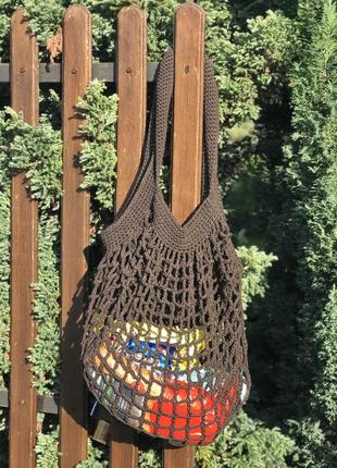 Авоська в"язана модна жіноча сумка, літній пляжний шопер, торба для покупок,стильна сумка, колір шоколад4 фото
