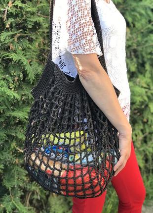 Авоська в"язана модна жіноча сумка, літній пляжний шопер, торба для покупок,стильна сумка, колір шоколад8 фото