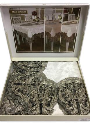 Скатертина велюр acme tekstil 160x220 harem krem-silver
