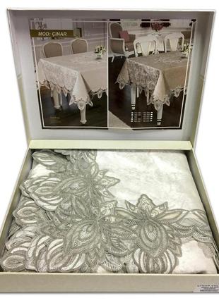 Скатертина велюр acme tekstil 110x160 cinar krem-silver1 фото