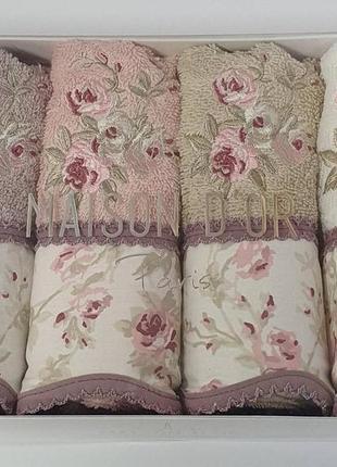 Рушники maison d'or 4шт lady roses 30x50 ecru-rose-beige-dark burgundy