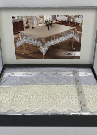 Силіконова скатертина з мереживом maison royale 160х300 candy krem