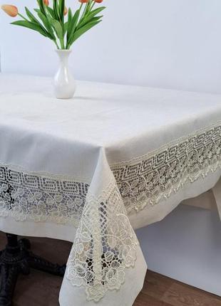 Скатертина поліестер із мереживом 150х220 nl-7082 кремова