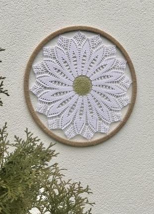 Панно круглое хризантема 50 см, хлопковое ажурное, вязаное крючком, ручная работа, декор для дома, цвет белый9 фото