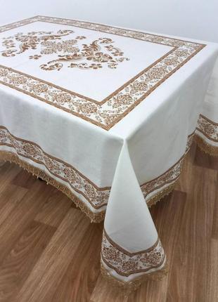 Скатертина maison royale льон з мереживом 160x300 jumbo cream-cappucino