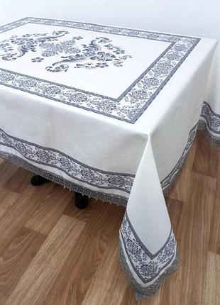 Скатертина maison royale льон з мереживом 160x300 jumbo cream-grey