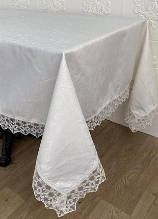 Скатертина masali поліестер з мереживом 160х300 model 515 cream