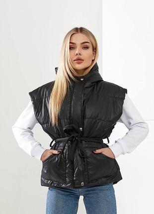 Жилетка весенняя короткая с капюшоном с поясом бежевая черная молочная курточка плащ тренч пальто кардиган парка