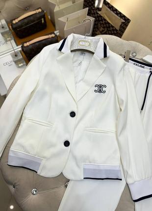 Костюм в стиле celine спортивный классика деловой брючный пиджак брюки клеш палаццо белый5 фото