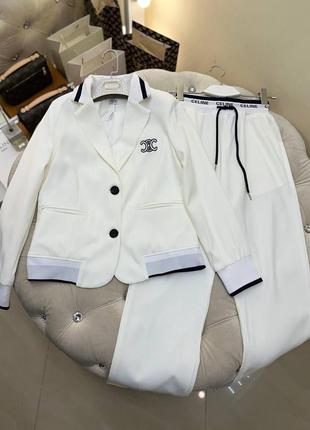 Костюм в стиле celine спортивный классика деловой брючный пиджак брюки клеш палаццо белый2 фото