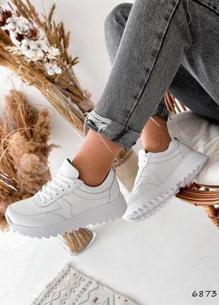 Белые натуральные кожаные кроссовки на толстой подошве кожа4 фото