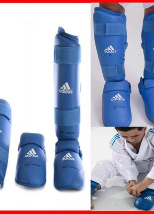 Захист гомілки та стопи для карате adidas з ліцензією wkf синя зі знімною стопою захист з усіх боків.