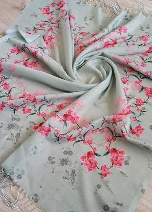Легкий весенний хлопковый платок, платье, туречковина, платок цветы с бахромой