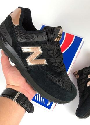 Женские кроссовки new balance 574 натуральный замш сеточка черные