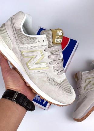 Женские кроссовки new balance 574 натуральный замш сеточка бежевые