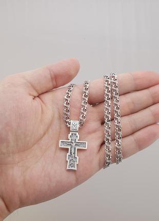 Мужская серебряная цепочка и крестик с жестким ушком. цепь на шею и православный кулон крест серебро 9252 фото