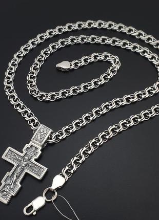 Мужская серебряная цепочка и крестик с жестким ушком. цепь на шею и православный кулон крест серебро 9258 фото