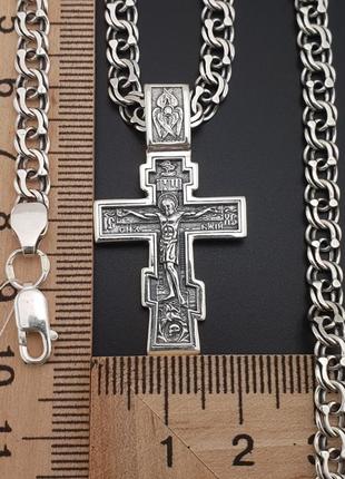 Мужская серебряная цепочка и крестик с жестким ушком. цепь на шею и православный кулон крест серебро 9254 фото