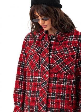 Пальто - рубашка женское из французского твида шерстяное оверсайз в клетку клетчатое  красно черное3 фото