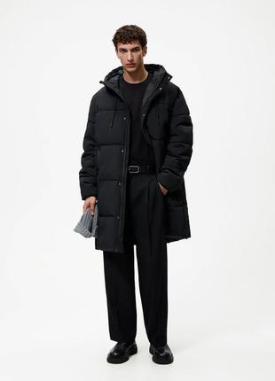 Zara длинная куртка, стеганная,  теплая, черная, длинное пальто