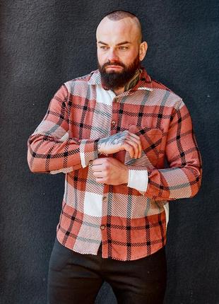 Чоловіча тепла байкова оранжева сорочка в клітинку відмінної якості