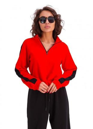 Кроп -кофта женская укороченная с воротником - стойкой на молнии спортивная на кулиске оранжевая