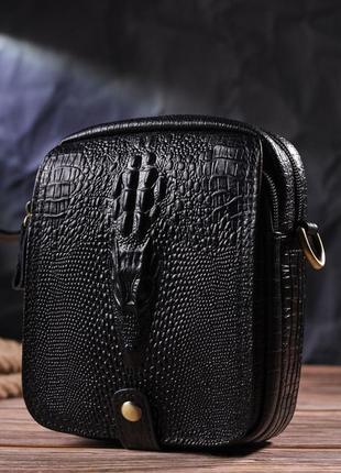 Невелика чоловіча сумка з натуральної шкіри з фактурою під крокодила 21299 vintage чорна7 фото