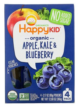 Happy family organics, happy kid, органическое яблоко, капуста и голубика, 4 пакетика по 90 г (3,17 унции)