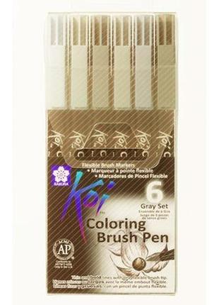 Набір маркерів koi coloring brush pen gray 6цв sakura