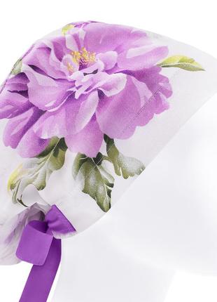 Медицинская шапочка шапка женская тканевая хлопковая многоразовая принт цветы пионы1 фото
