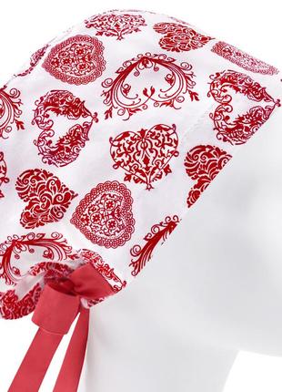 Медицинская шапочка шапка женская тканевая хлопковая многоразовая принт сердечки ажурные красные1 фото