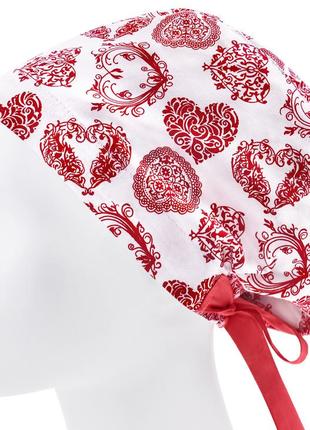 Медицинская шапочка шапка женская тканевая хлопковая многоразовая принт сердечки ажурные красные3 фото