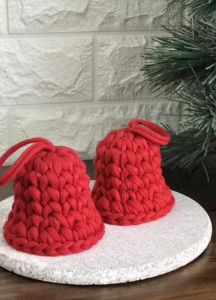 Дзвіночки червоні, ялинкові прикраси в‘язані ручна робота новорічний декор на ялинку