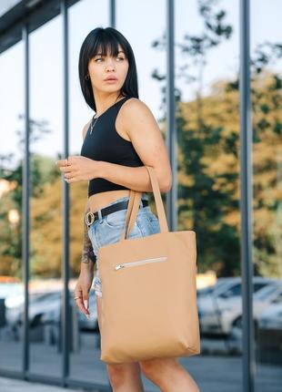 Вместительная прочная женская сумка шоппер sambag shopper - бежевая5 фото