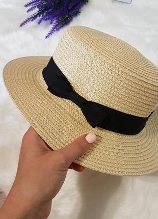 Солнцезащитная соломенная летняя шляпа канотье с бантиком2 фото