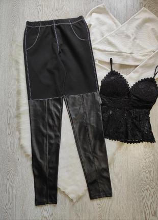 Черные кожаные комбинированые чулками лосины леггинсы стрейч плотные белые швы1 фото