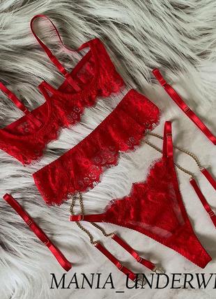 Червоний мережевний комплект з поясом на ланцюжках від mania_underwear
