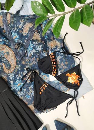 ❤️купальник чорний з оранжевим принтом