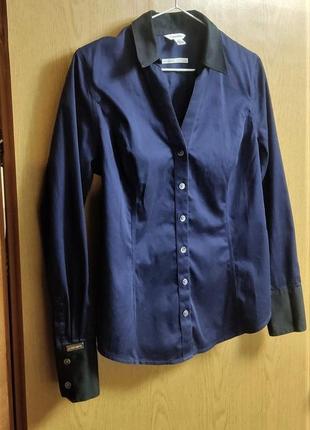 Женская рубашка calvin klein размер s-м, синяя хлопковая рубашка с черным воротником calvin klein