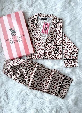 Жіноча піжама леопардова в стилі vs victoria’s secret, рубашка і штани, піжама двійка, піжама атласна