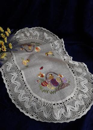 Пасхальная салфетка 🌿🐣🌷 на корзину домотканный лен вышивка птенчик пысанки винтаж с широким кружевом скатерка